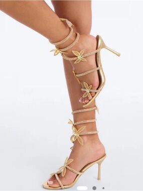 Fashion Nova Gold Floral Wrap Stiletto Heels